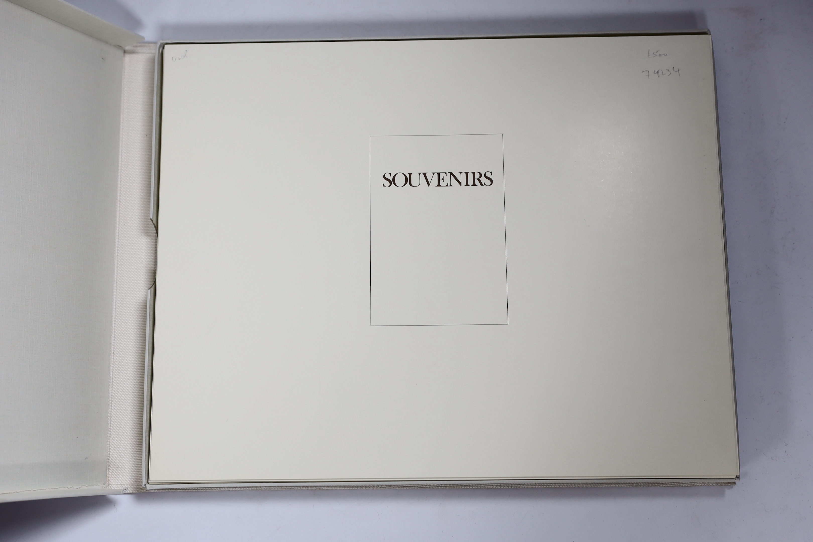 Hamilton, David - Souvenirs, 1st English edition, 1st impression, one of 2500, with one plate signed lower right by Hamilton, with 32 colour and 35 monochrome loose plates and an unbound booklet, in a cloth clamshell cas